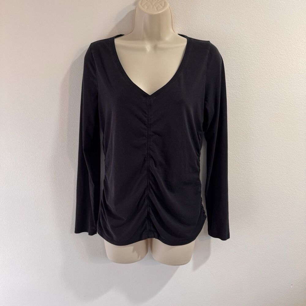 Athleta Long Sleeve Shirt M Black V-neck Ruched Gym Yoga Activewear Stretch